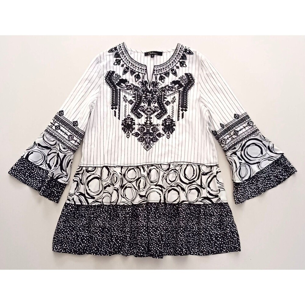 NEW Caleoas Embroidered Boho Tunic Full Sleeve Tiered Ruffles Sz S